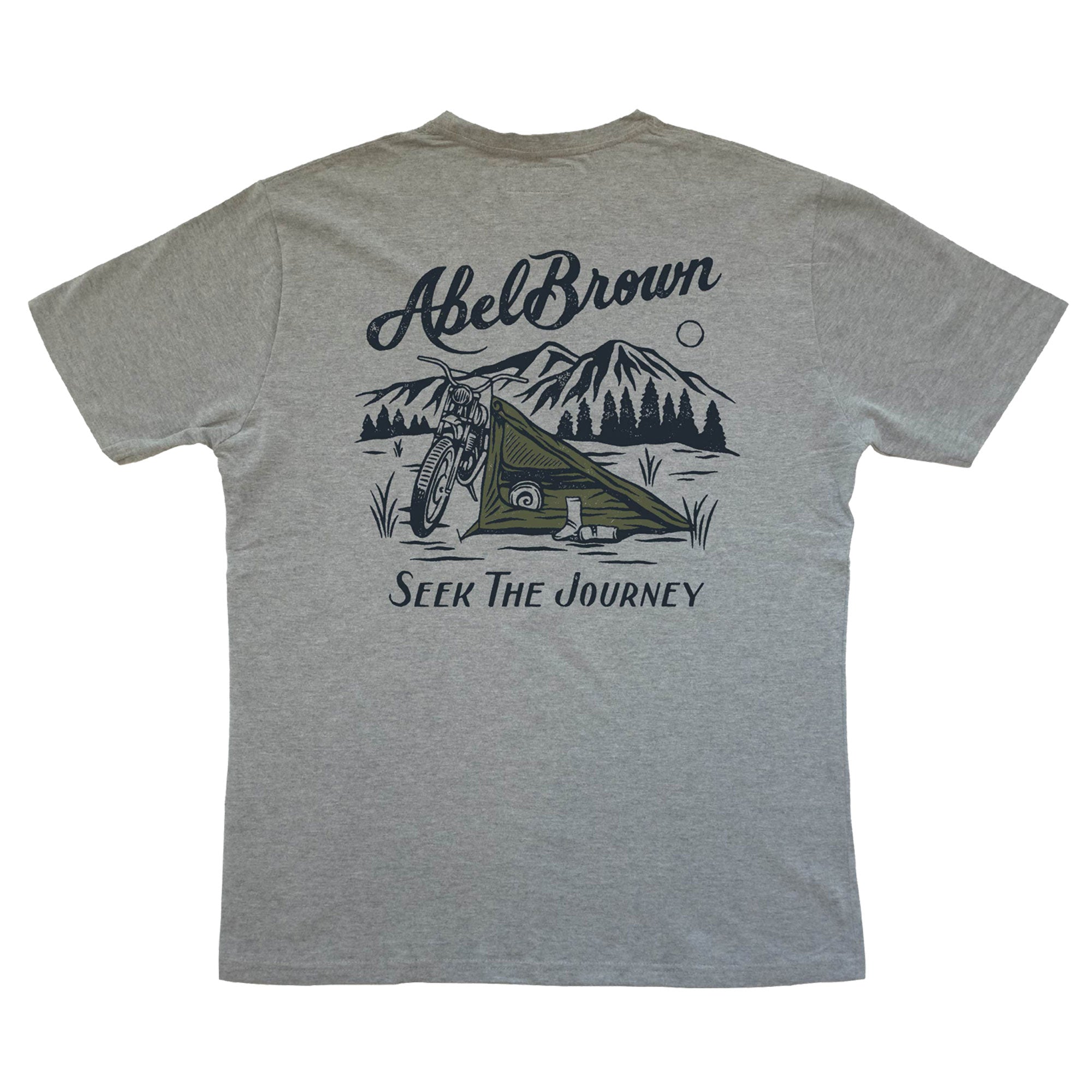 Abel Brown Nomad Tent t-shirt printed on organic cotton softest tee shirt in your closet.  Shows picture of our Nomad tent fixed to a motorcycle in the mountains